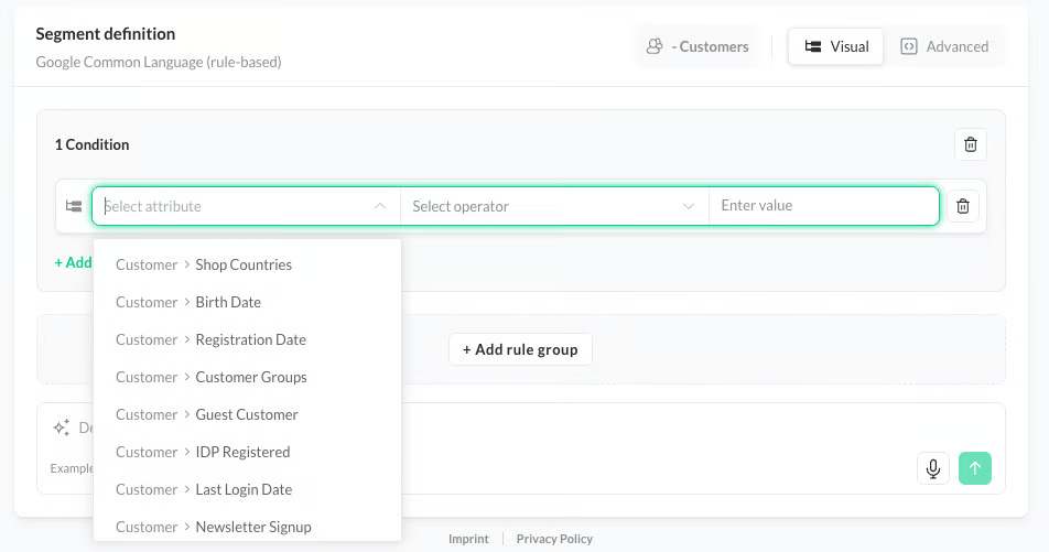 Customer Segment Condition Builder — attribute, operator, and value dropdowns